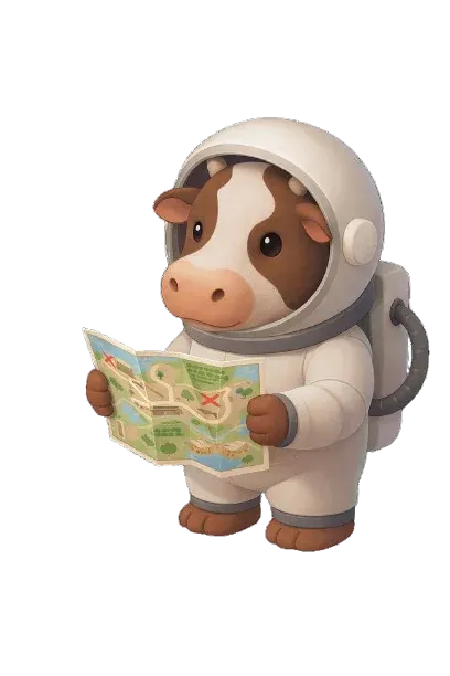 Astronaut cow mascot exploring the Azores with a map