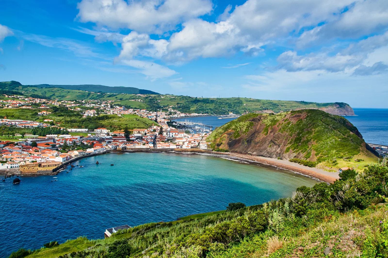 Aerial view of Horta city wrapping around its bay on Faial Island — whitewashed houses, the marina, and the surrounding green hills sloping down to the Atlantic, Azores