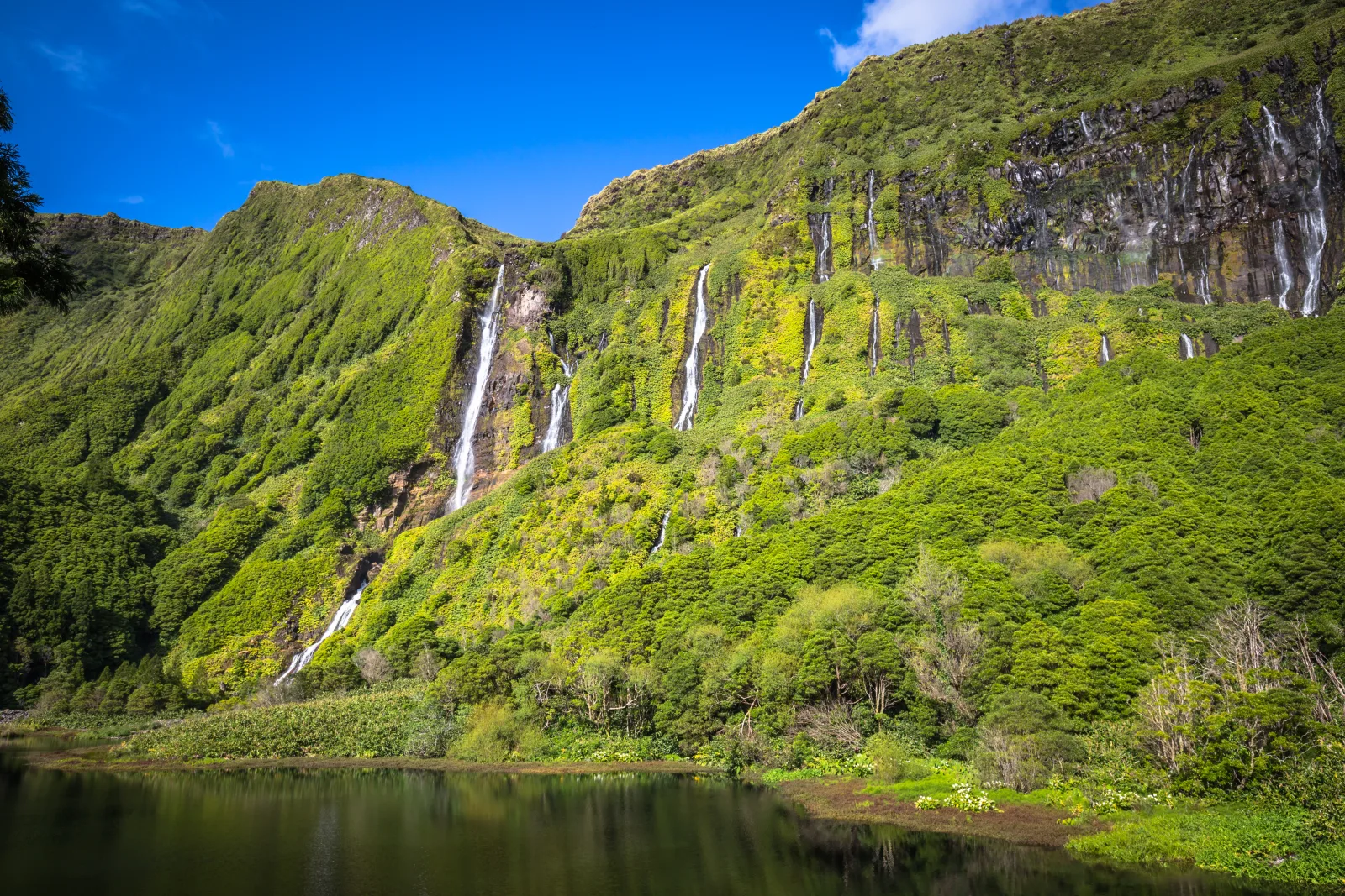 Poço da Alagoinha waterfalls on Flores Island — cascading water down vertical cliffs into emerald pools, Azores, Portugal