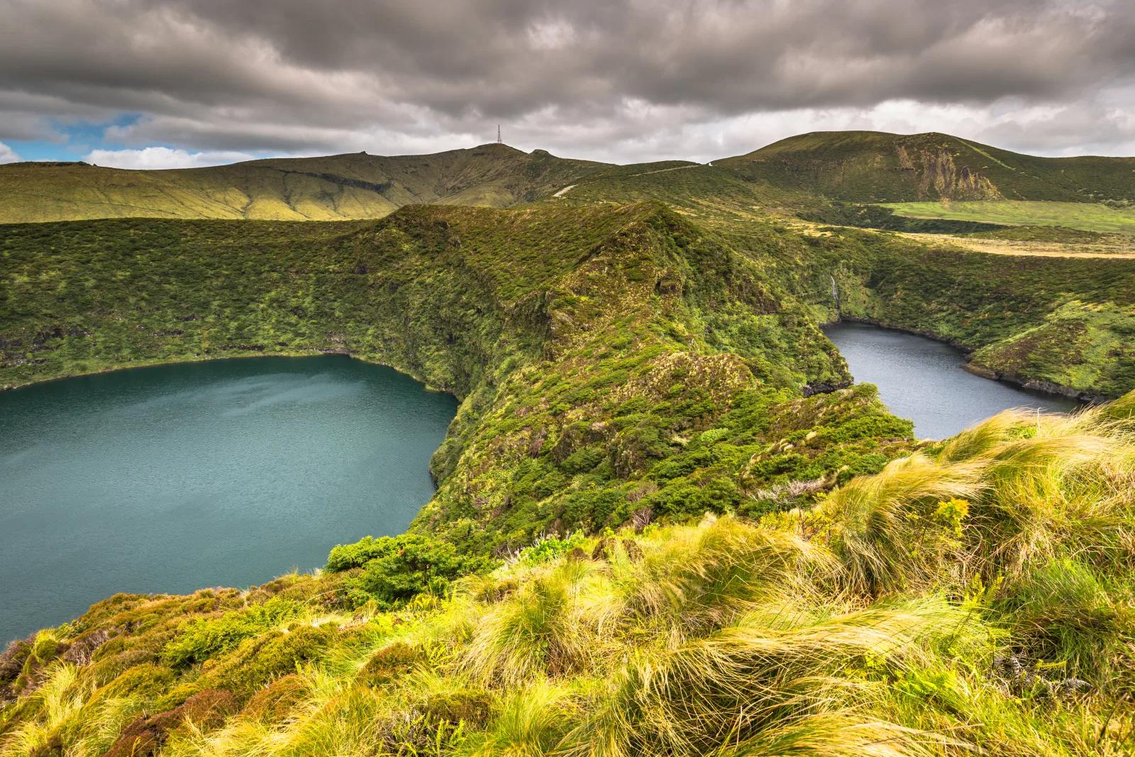 Flores Island's twin crater lakes — Caldeira Comprida and Caldeira Funda — side by side at different elevations, Azores, Portugal