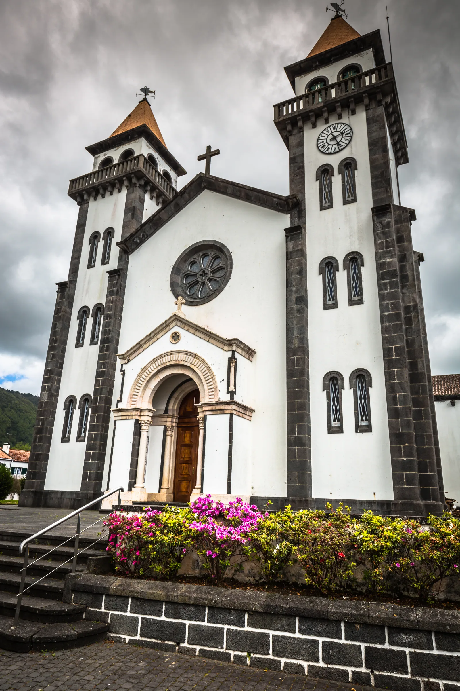 The main church in Furnas village — at the heart of São Miguel's geothermal valley, Azores
