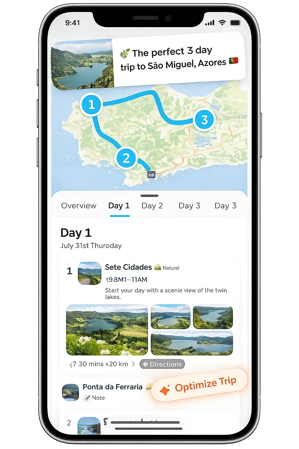 iPhone showing the Pocket Guide Azores app planning a São Miguel itinerary