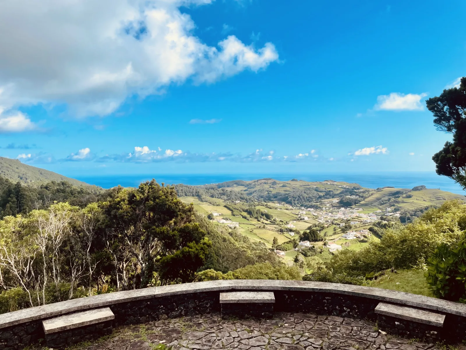 Santa Maria's mountains and valleys interior — the agricultural landscape of terraced fields and rolling hills visible from Pico Alto, Azores, Portugal