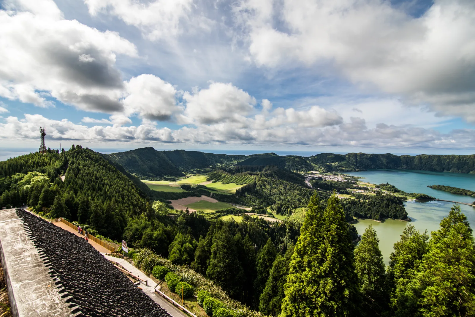 Aerial view of Lagoa das Sete Cidades on São Miguel — showing the Azores' position in the mid-Atlantic, Portugal