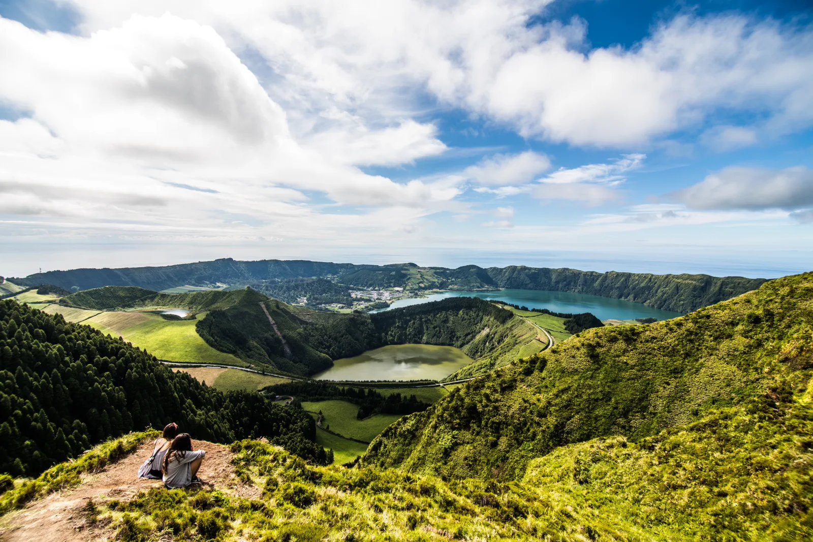 Sete Cidades twin crater lakes ringed by green hills in July — the Azores in summer at its greenest, São Miguel, Azores