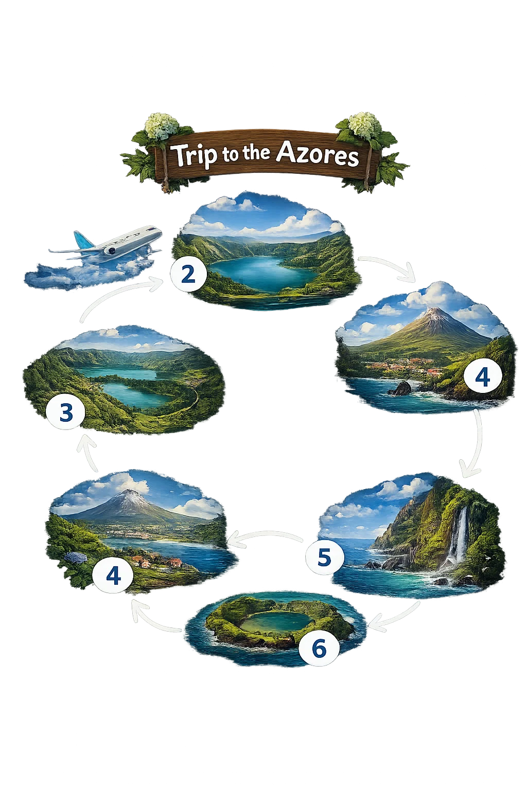 Illustrated journey map of a trip across the Azores islands