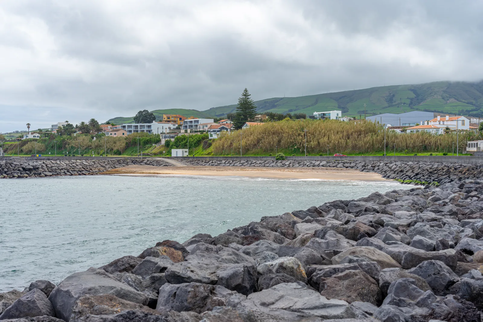 Panoramic view of Praia Grande bay and Praia da Vitória on Terceira Island — the largest sand beach on Terceira, Azores, Portugal