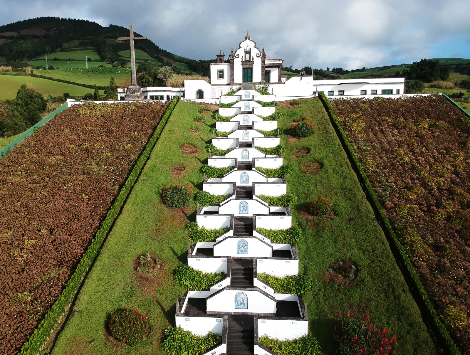 The Ermida de Nossa Senhora da Paz chapel above Vila Franca do Campo — the hilltop landmark with views over the town and the offshore islet, São Miguel, Azores